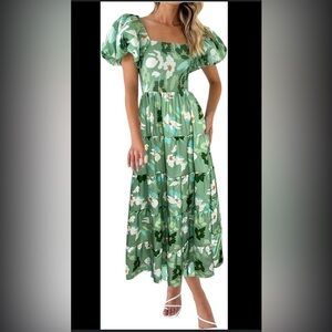 DELI S Puffy Short Sleeve Square Neck Smocked Tiered Ruffle Midi Dress SIZE 6